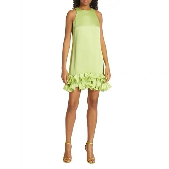 NWT Trina Turk FEATHER dress Lime Ruffle-Hem Mini Dress size medium - Picture 2 of 11